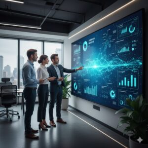 Business team analyzing AI-powered call analytics on a large screen in modern office