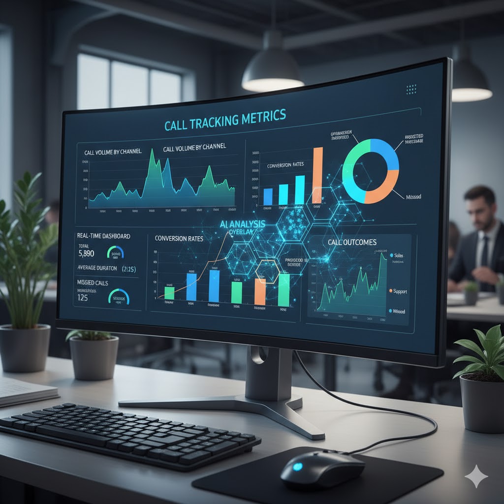 AI-powered call analytics dashboard showing real-time call tracking metrics in a modern business office